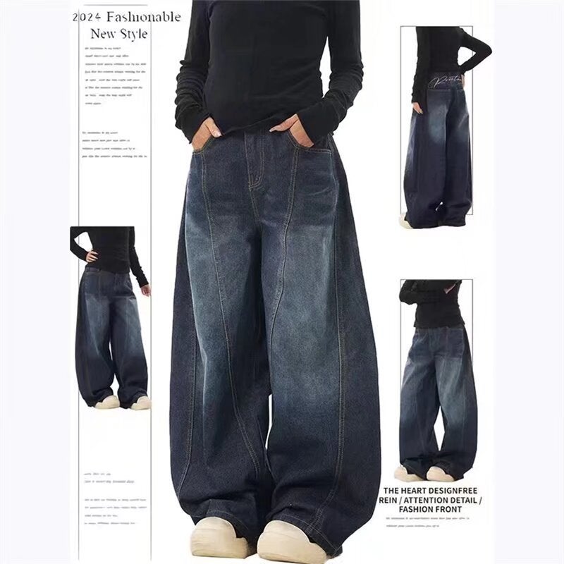 American Retro Dark Blue Letter Print Jeans For Men And Women, Trendy Simple Scimitar Wide-Leg Floor-Length Pants - Image 1